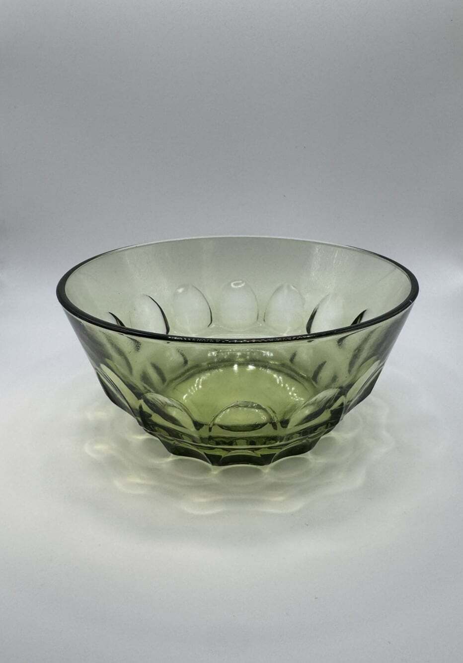 Vintage Avocado Green Pressed Glass Thumbprint Bowl 5" Retro MCM